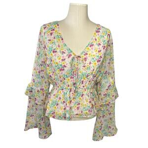 June & Hudson Floral Bell Sleeve Top Women's Size Large